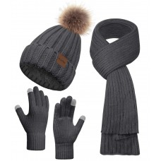 BLATIAL Winter Hats for Women Beanie Hat Scarf Set Warm Touchscreen Gloves Knitted Long Scarfs Beanie With Pom Gifts,Dark Grey