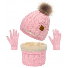 BLATIAL 3 Pieces Winter Hat and Scarf Set for Women Warm Knit Beanie Fleece Lined Pom Hats Neck Warmer Touchscreen Gloves Gifts,Pink Set