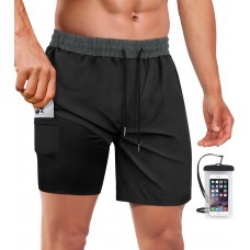 BLATIAL Mens Swim Trunks with Compression Liner Quick Dry Swimsuit Swimming Shorts with Pockets,7 inch-Black,L