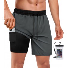 BLATIAL Mens Swim Trunks with Compression Liner Quick Dry Swimsuit Swimming Shorts with Pockets,7 inch-Dark Grey,S