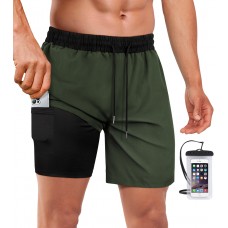 BLATIAL Mens Swim Trunks with Compression Liner Quick Dry Swimsuit Swimming Shorts with Pockets,7 inch-E Army Green,S