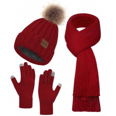 BLATIAL Winter Hats for Women Beanie Hat Scarf Set Warm Touchscreen Gloves Knitted Long Scarfs Beanie With Pom Gifts,G-Wine Red